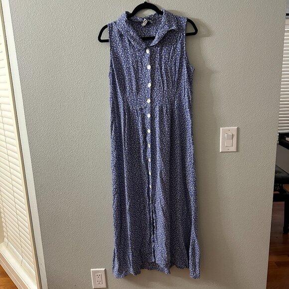 Vintage April Cornell Button Front Maxi Dress LARGE Floral Periwinkle - Picture 1 of 7